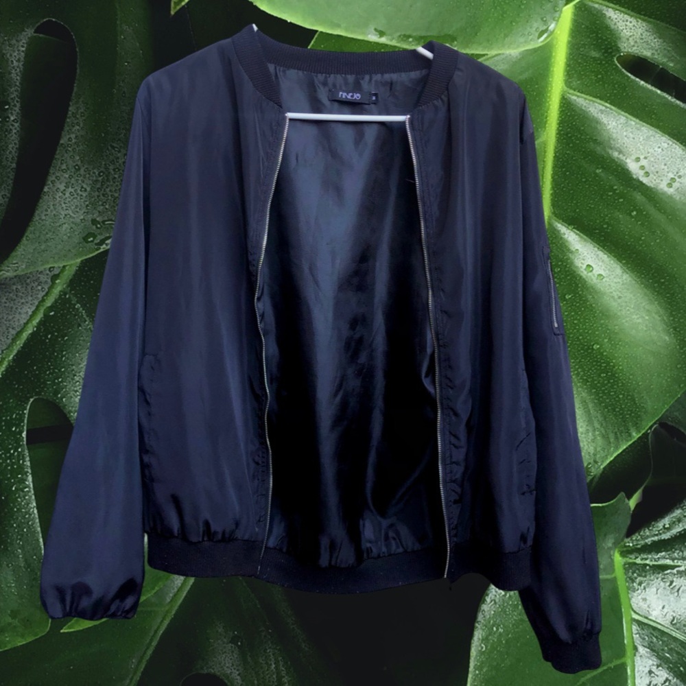 Finejo Black Polyester Zip-Up Bomber Jacket